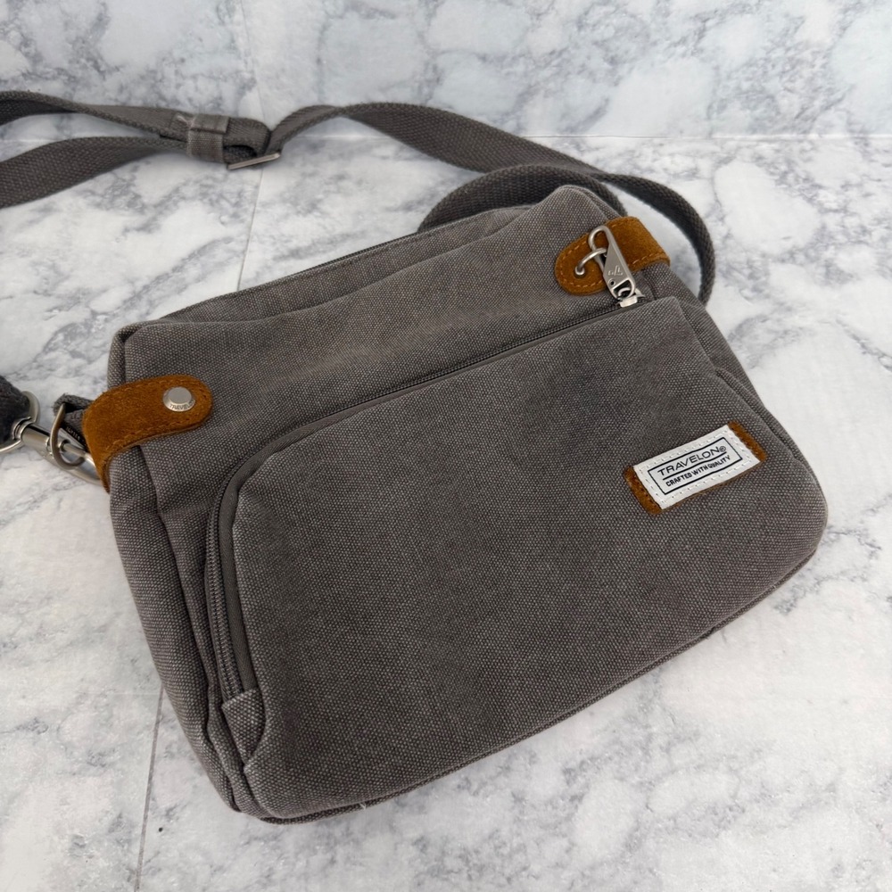 Travelon Crossbody Bag Small Gray Anti-Theft RFID Security Canvas Suede Trim